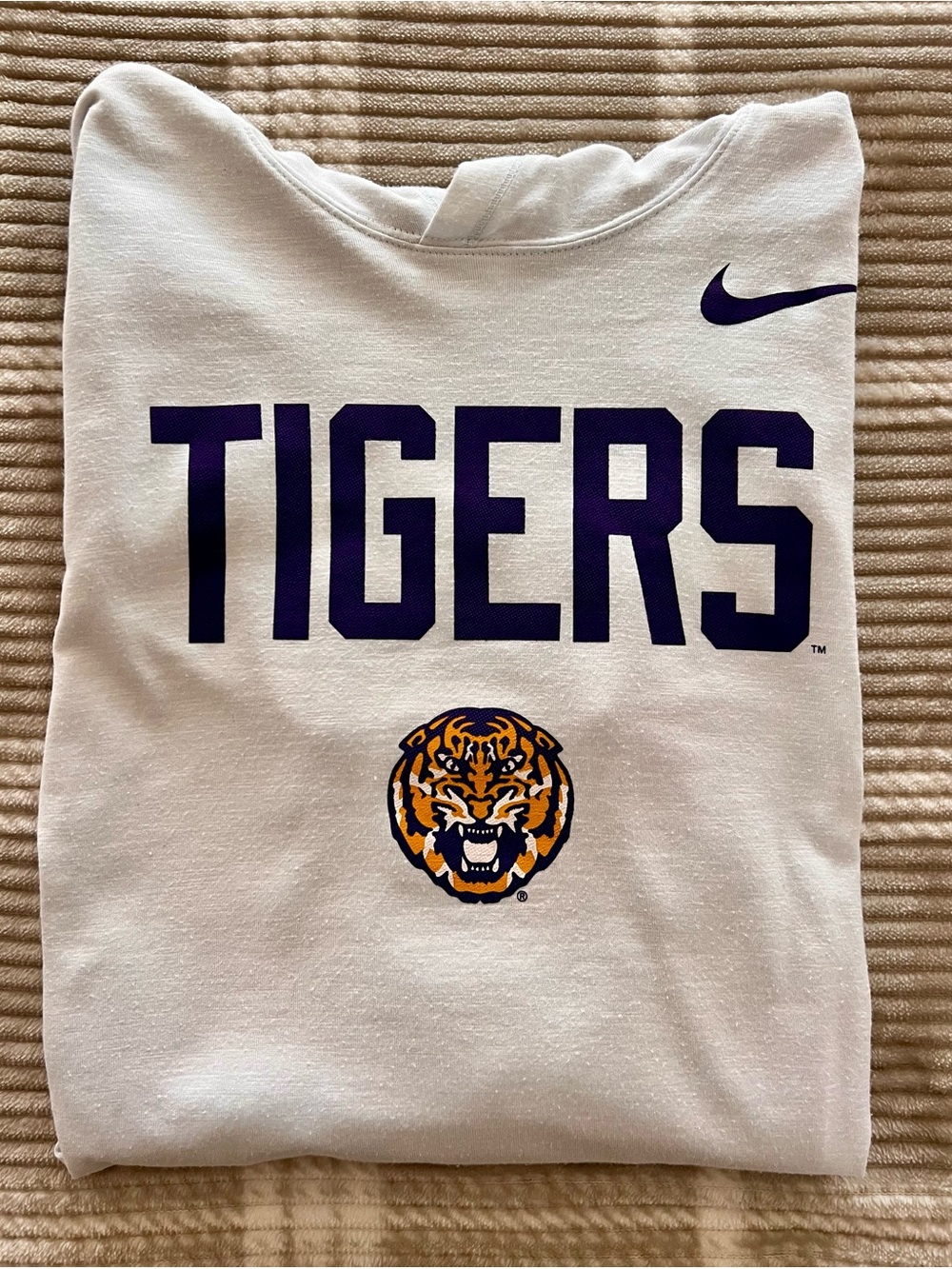 Nike LSU White Sweatshirt with Purple TIGERS and Orange Tiger Graphic Dri-fit.